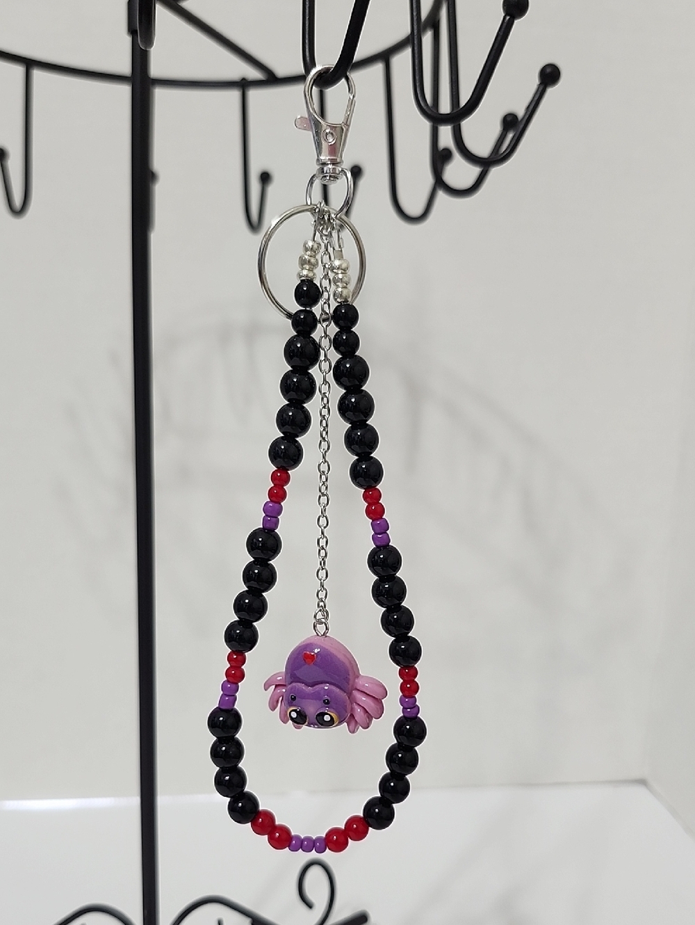 Purple Spider Keychain Bag Charm Beaded Dangle OOAK Cute Spider Hanging New